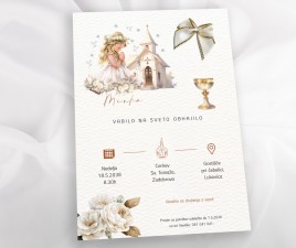 Vabilo na sveto obhajilo 3 H - z nalepljeno zlato-bež mašno iz satena